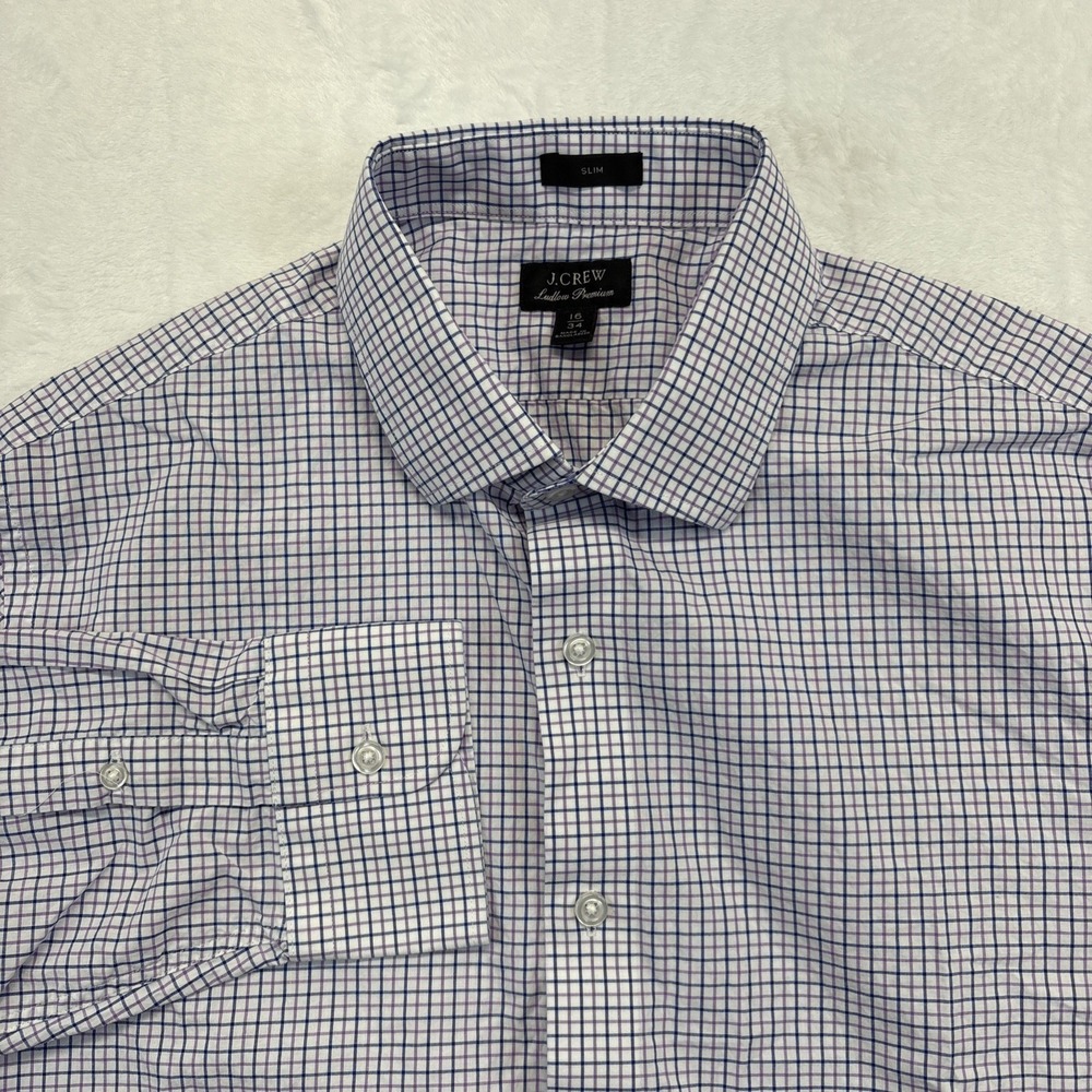 J.CREW Ludlow Premium Shirt Men's Large Blue/Pink Plaid Slim Fit Button Up
